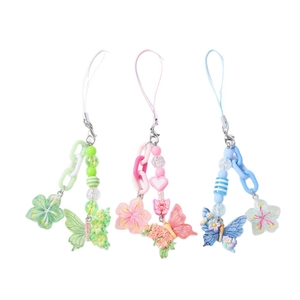 Pastellfarbene Perlen-Handykette mit Schmetterling und Blumen in Grün, Rosa und Blau