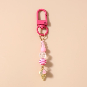 Detailed view of a pink beaded keychain featuring a jellyfish pendant and striped beads