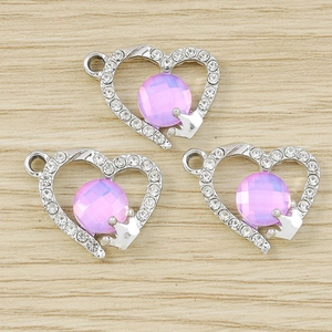 Pink heart pendant with rhinestones and crown detail for DIY jewelry making 3-pack