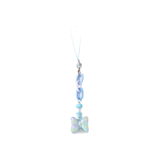Sweet light blue beaded phone charm with chunky chain and polka dot bow pendant