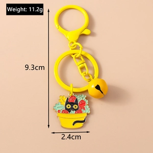 Detailed size and weight specs for yellow cat plant pot enamel keychain with bell