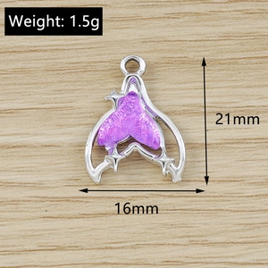 Detail view of purple resin mermaid tail pendant with alloy frame and dimensions