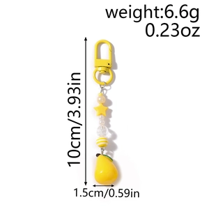 Detail view of yellow pear phone strap with size dimensions and star bead charms