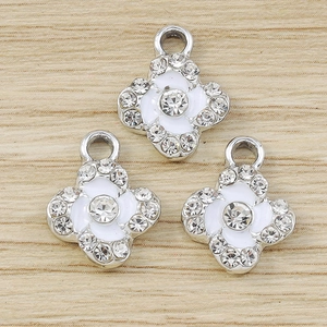 Three pieces of cherry blossom clover flower charms with white enamel and rhinestones