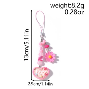 Detail of pink floral beaded phone strap with Forever Love heart charm weighing 8.2g