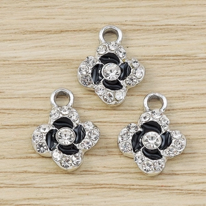 Three rhinestone cherry blossom flower charms with black enamel and silver metal base for DIY