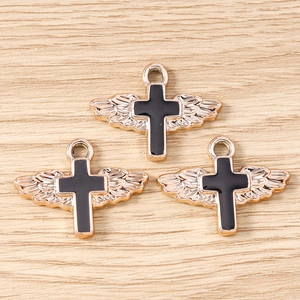 Rose gold wing cross charms with black enamel inlay for DIY jewelry making