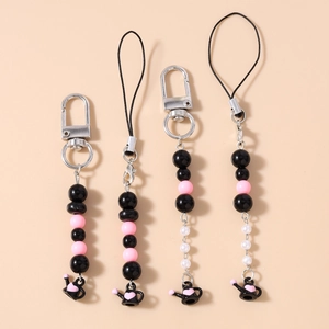 Bijou de Téléphone Perlé Théière Cœur Sweet Cool Gothique Noir Rose Perle Artificielle Porte-clés Femme Pendentif Sac Y2K