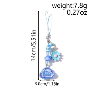 Detailed view of blue beaded phone charm with daisy and cloud pendant showing size metrics