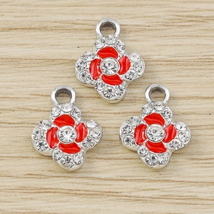 Three red cherry blossom charms with rhinestones for DIY earring and jewelry making