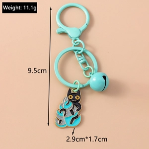 Detail view of cartoon cat and leaf keychain with precise weight and size dimensions