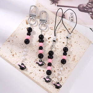 Bijoux de téléphone et porte-clés en perles roses et noires avec pendentifs théière cœur