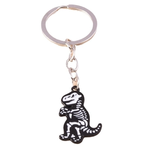 Portachiavi alla moda con scheletro di dinosauro e anello in metallo argentato su bianco