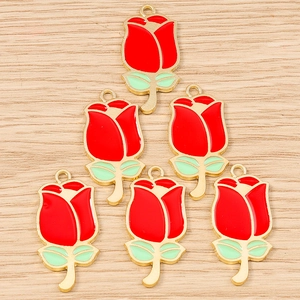 Set of six red rose flower charms with green leaves for DIY jewelry making accessories