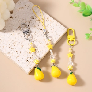 Chic yellow fruit beaded phone charm and keychain with pearl star beads and resin details