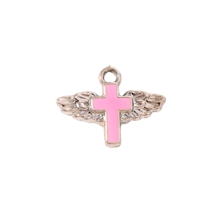 Pink enamel cross pendant with silver wings for DIY jewelry making and necklaces