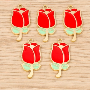 5-piece set of red and gold rose flower charms for DIY jewelry making and earrings