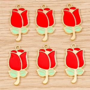 Rose Flower Alloy Enamel Pendants Romantic Red Gold Tone DIY Jewelry Making Findings For Earrings Necklace Bracelet Keychain