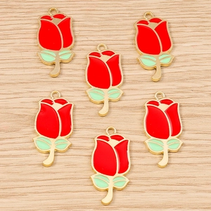 Set of six rose flower alloy charms with red enamel and gold edges for DIY jewelry making