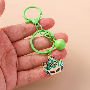 Cartoon cat in cactus pot keychain with green bell and lobster clasp for bag decoration