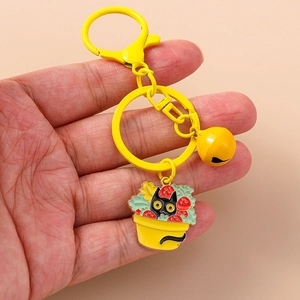 Cartoon black cat in yellow flowerpot keychain with bell and spring clasp for bags