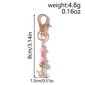 Detailed size view of pink bead keychain with heart water bottle charm and dimensions