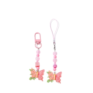 Pink butterfly charm keychain set with floral beads and lobster clasp on white background