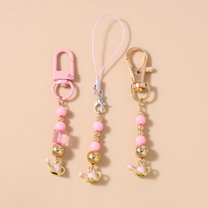 Sweet Pink Beaded Keychain For Women Zinc Alloy Resin Beads Heart Watering Can Pendant Phone Lanyard Bag Charm Fashion Jewelry Gift