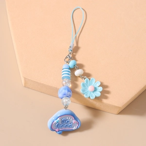 Blue beaded phone charm featuring daisy flower, clouds, and colorful resin beads