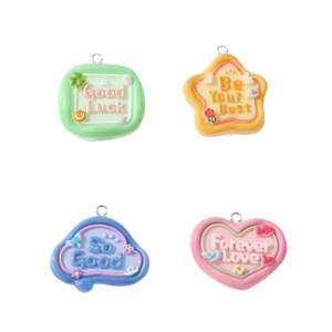 Set of 4 colorful resin food pendants with geometric shapes and positive text engravings