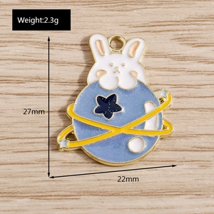 Detail view of white rabbit and blue planet enamel charm with dimensions 27mm by 22mm