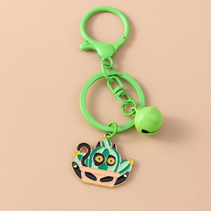 Green cactus cat enamel keychain with pink flower pot pendant and lobster clasp detail
