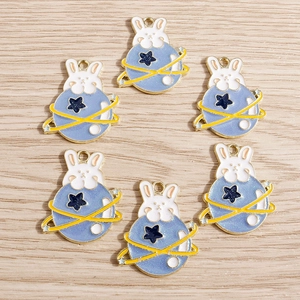 Pink and blue rabbit planet alloy charms for DIY necklaces and bracelets in 6-piece set
