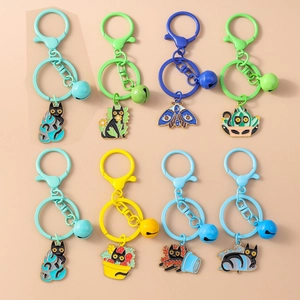 Cartoon black cat and botanical enamel keychain set with colorful bells and lobster clasps