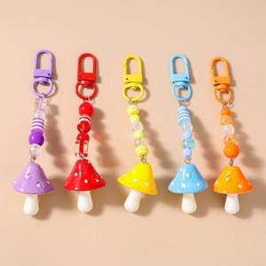 Cute Mushroom Beaded Keychain Colorful Stripe Resin Beads Pendant Bag Charm For Women Fashion Key Ring Accessory Gift