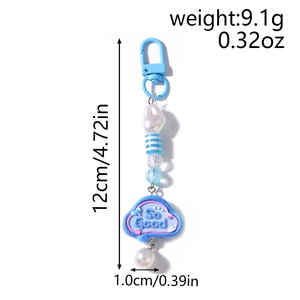 Detail view of light blue striped beads and pearl keychain with So Good cloud pendant