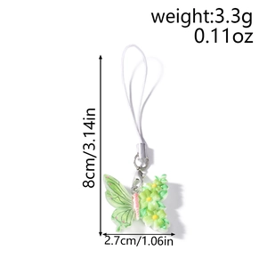 Detailed close-up of butterfly and flower phone charm with precise dimensions 8cm x 2.7cm