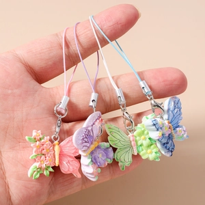 Fashionable butterfly flower phone charms in four colors with secure lobster clasps
