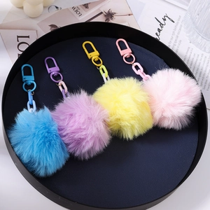 Porte-clés en fausse fourrure de lapin en bleu, violet, jaune et rose, lot de quatre