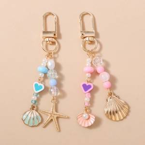 Summer Ocean Theme Beaded Keychain With Shell Starfish Heart Pendant Imitation Artificial Pearl Bag Hanging Decoration For Women Girls