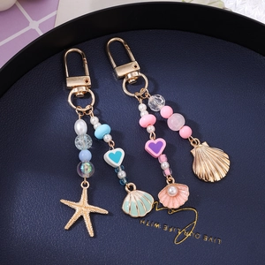 Ocean themed keychain with starfish shell pearls and colorful heart beads for bags