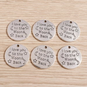 Silver round pendants with I love you to the moon and back engraving for DIY jewelry