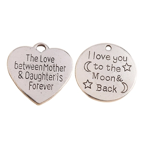 Silver vintage heart and moon pendants with mother daughter and moon back engravings