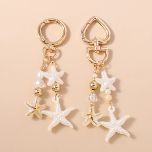 Ocean Theme Starfish Faux Artificial Pearl Keychain Gold Zinc Alloy Sea Star Bag Charm Pendant For Women Girls Vacation Daily Accessory