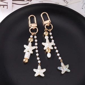 Golden starfish and pearl keychain set with beaded chains for bags and keys