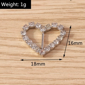Detailed view of silver heart-shaped rhinestone buckles with 18mm x 16mm dimensions