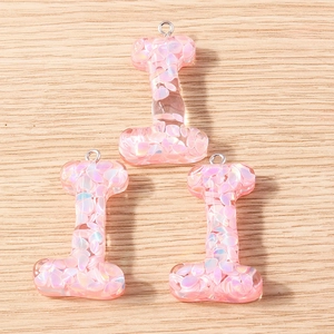 Pink translucent resin bone-shaped letter I charms with glitter for DIY jewelry