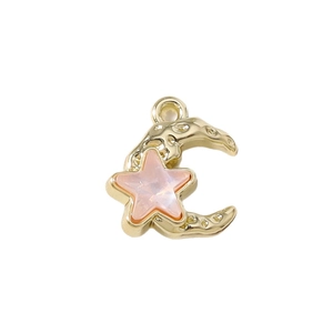 Golden hollow moon and pink pearl star pendant charm for jewelry making on white background