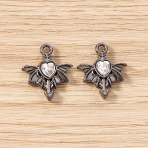Detail showing Gothic bat wing heart charms in gunmetal finish with sparkling rhinestones