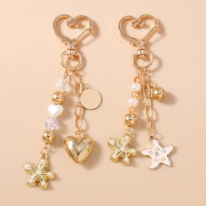 Porte-clés en Alliage avec Künstliche Perles Forme de Cœur et Étoile de Mer Couleur Or Künstliche Perle d'Imitation Bijoux de Sac Cadeau Femme